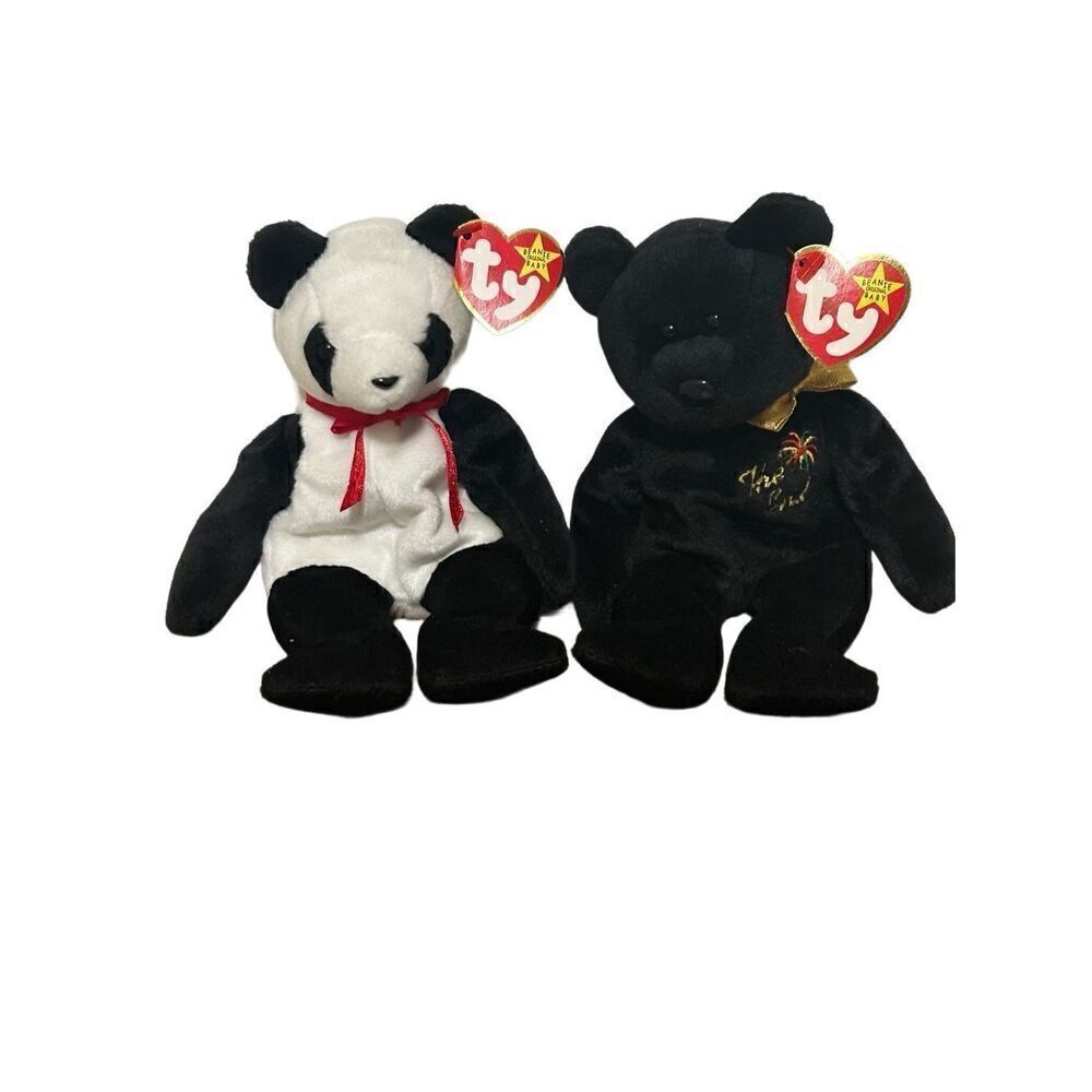 Lot Of 2 TY Beanie Babies Black White Fortune & Black End Plushy Stuffed Animal